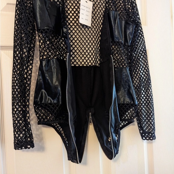 Music Legs Black Fishnet and Leather Bodysuit - Picture 4 of 11